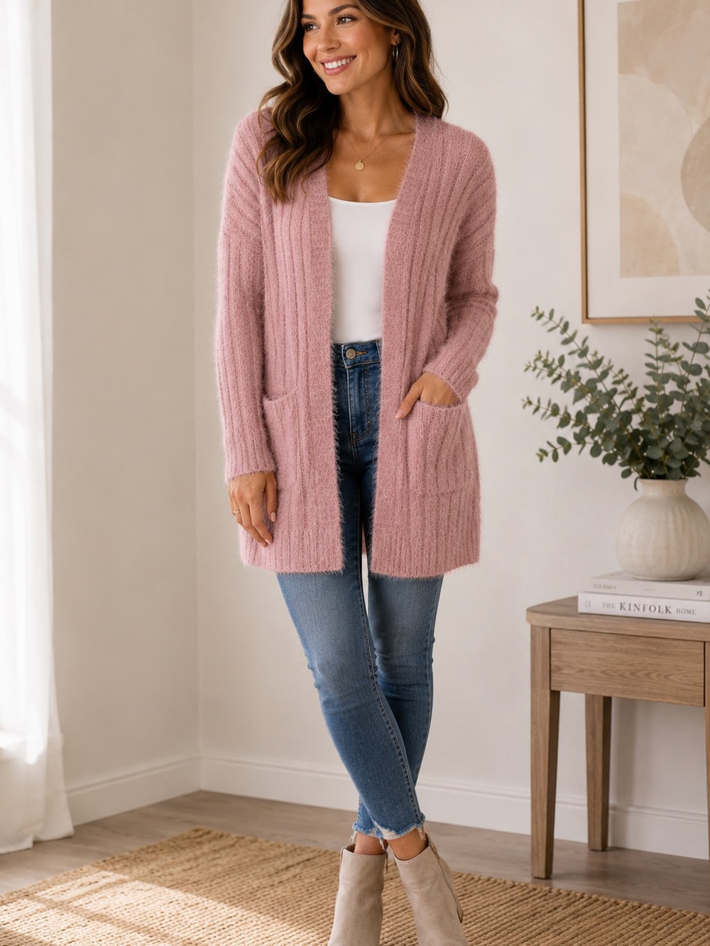 Hippie Rose Mauve Fuzzy Knit Open Front Cardigan Size Small NWT